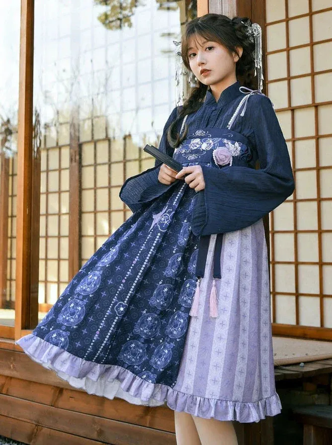 Bell-sleeved Shirt   Shoulder Tulle Bag Skirt Layered Set-up Ribbon Dress Chinese