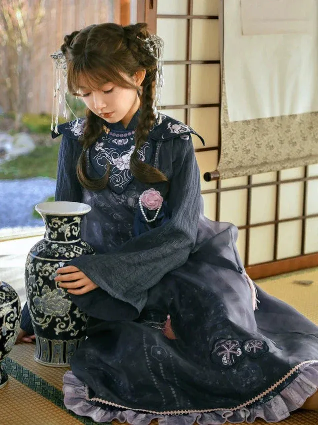 Bell-sleeved Shirt   Shoulder Tulle Bag Skirt Layered Set-up Ribbon Dress Chinese