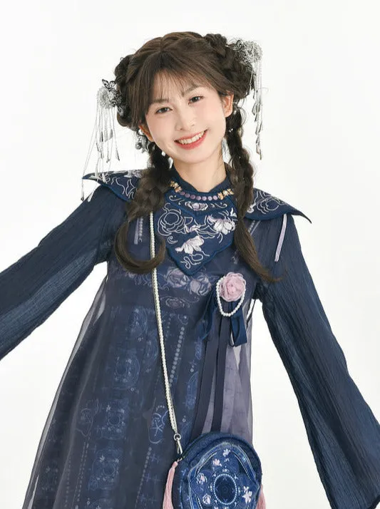 Bell-sleeved Shirt   Shoulder Tulle Bag Skirt Layered Set-up Ribbon Dress Chinese