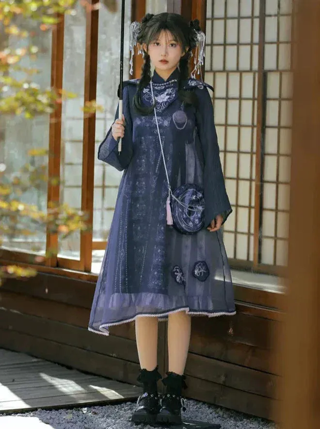 Bell-sleeved Shirt   Shoulder Tulle Bag Skirt Layered Set-up Ribbon Dress Chinese