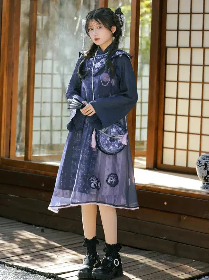 Bell-sleeved Shirt   Shoulder Tulle Bag Skirt Layered Set-up Ribbon Dress Chinese