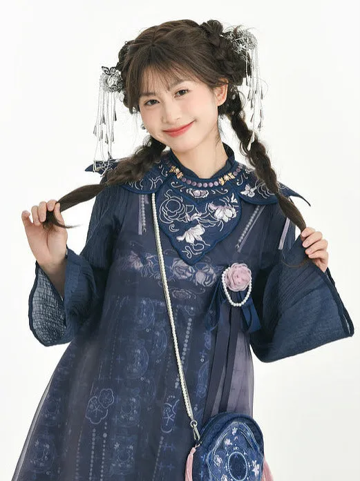 Bell-sleeved Shirt   Shoulder Tulle Bag Skirt Layered Set-up Ribbon Dress Chinese