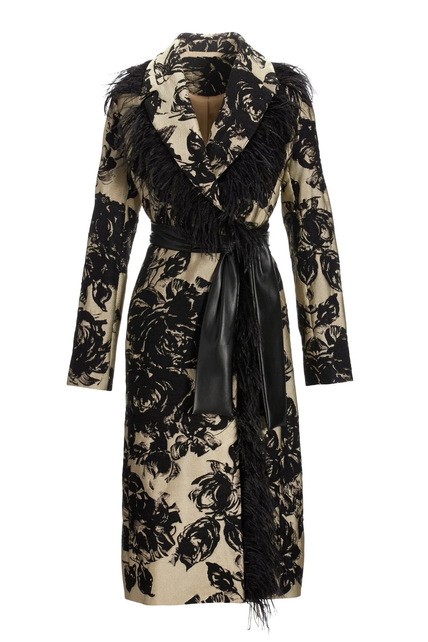 Faux-Feather Trim Jacquard Statement Coat Black Multi