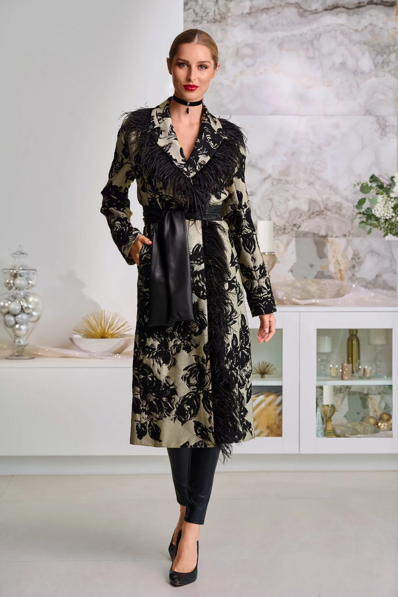 Faux-Feather Trim Jacquard Statement Coat Black Multi
