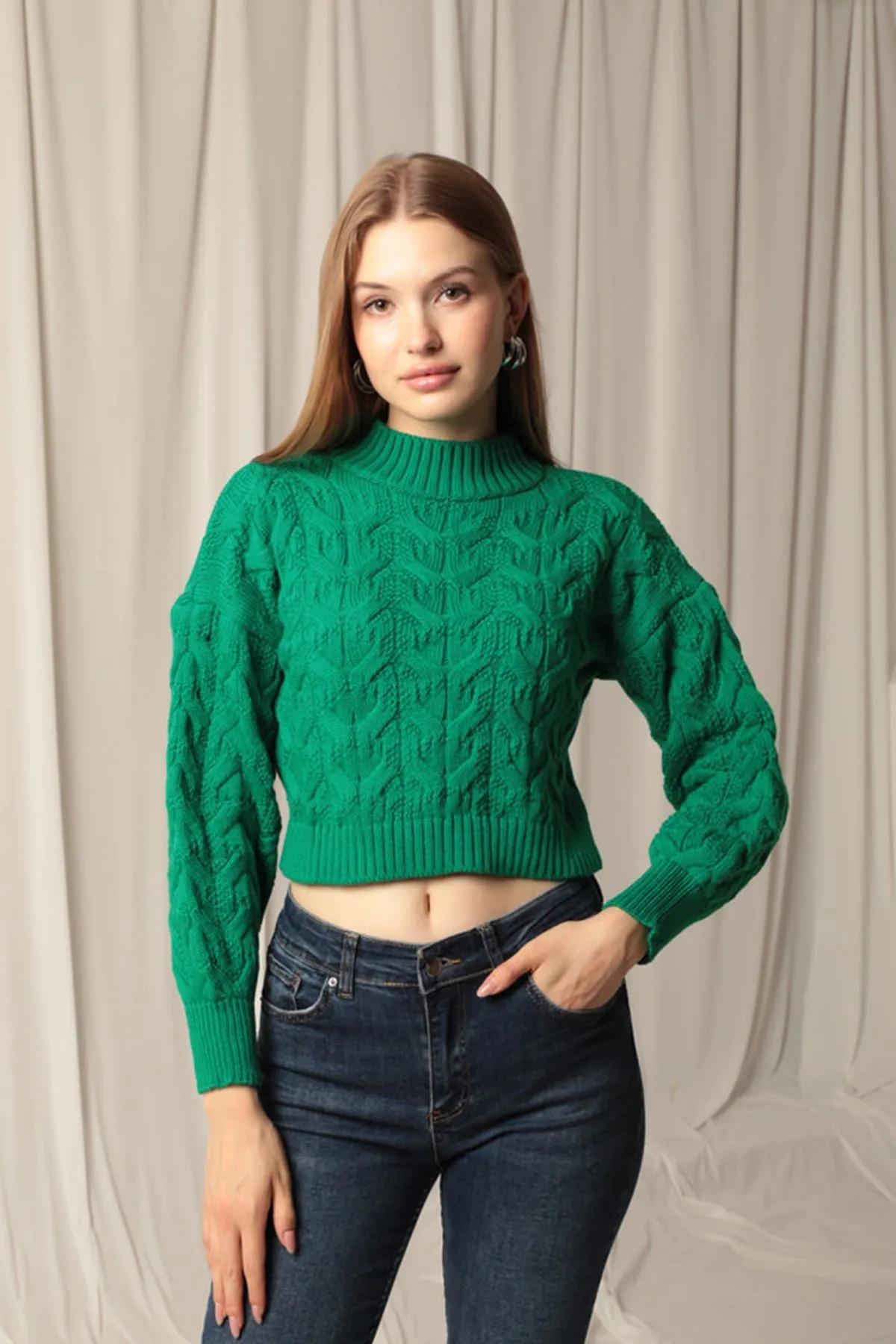 KKT Knitwear Fabric Knit Detailed Women's Green Sweater - Tallaght
