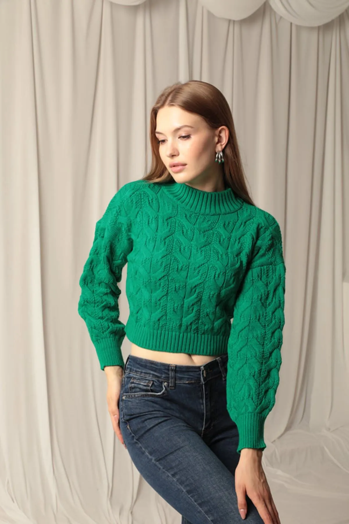 KKT Knitwear Fabric Knit Detailed Women's Green Sweater - Tallaght
