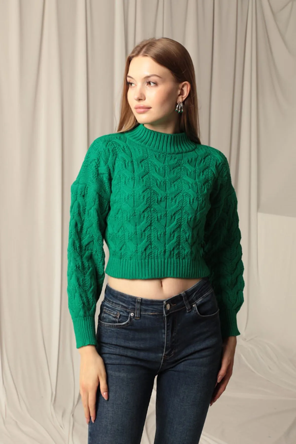 KKT Knitwear Fabric Knit Detailed Women's Green Sweater - Tallaght