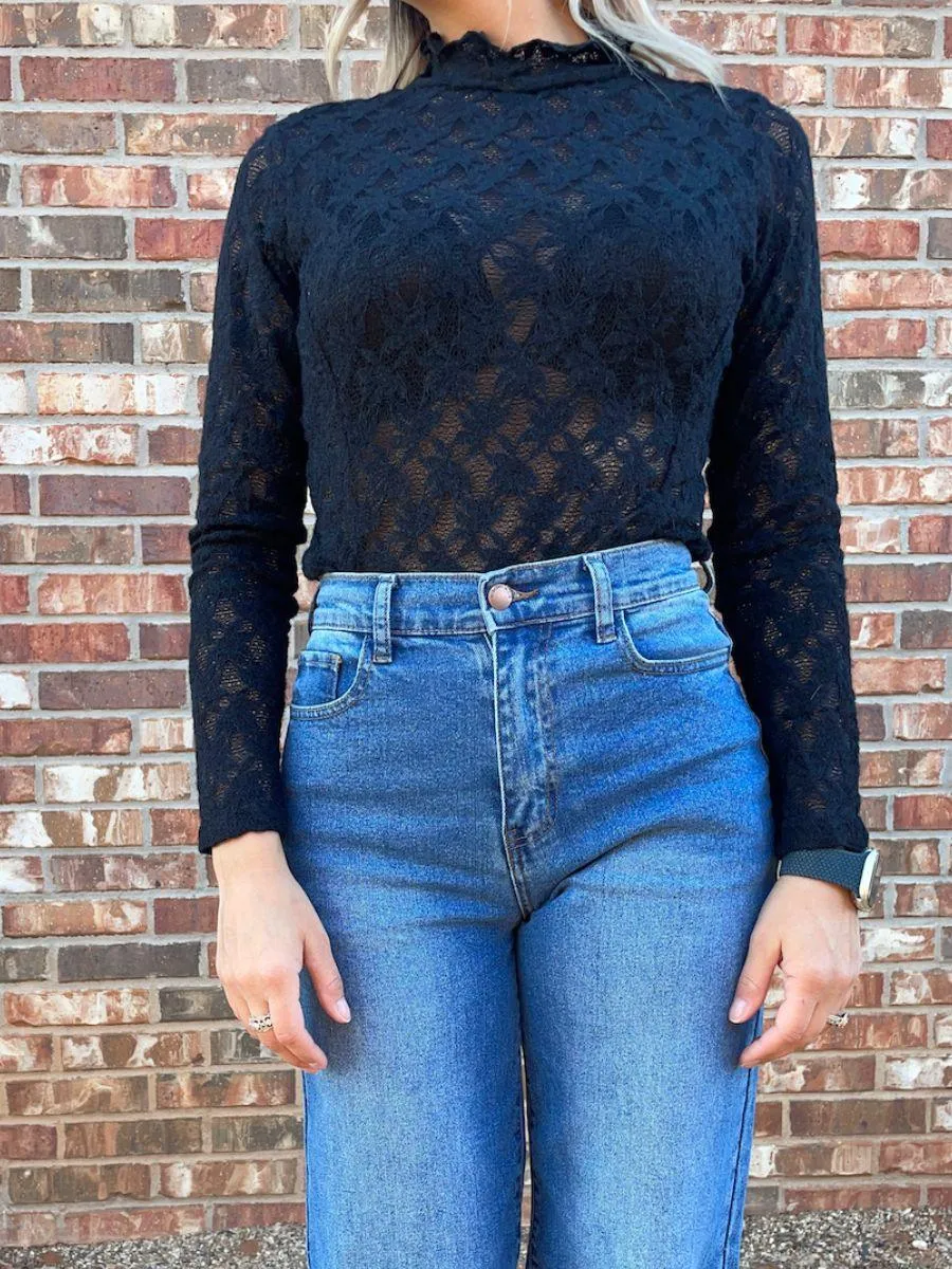 Lacy Leaf Textured Black Bodysuit
