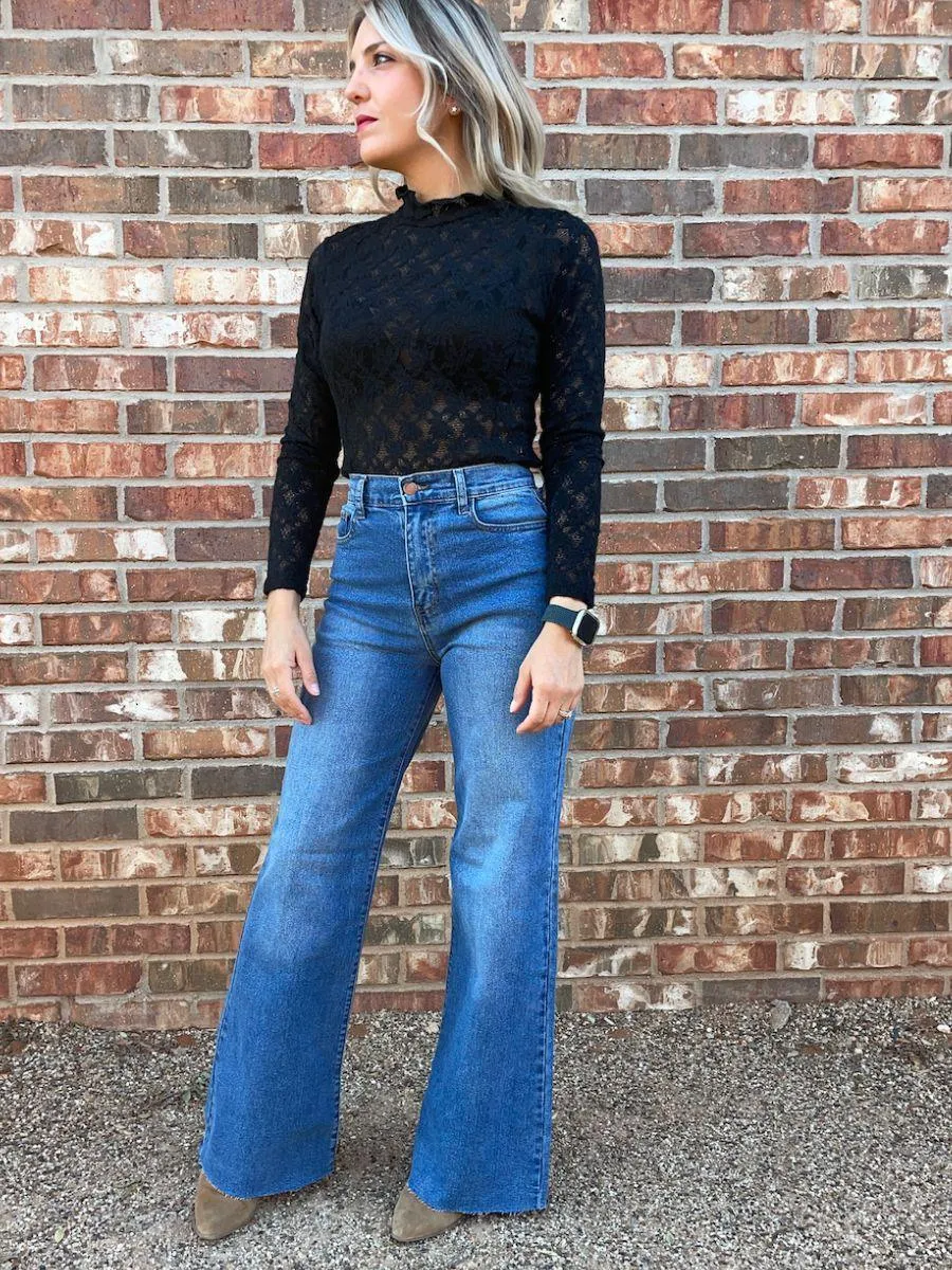 Lacy Leaf Textured Black Bodysuit
