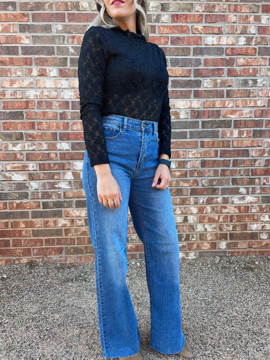 Lacy Leaf Textured Black Bodysuit
