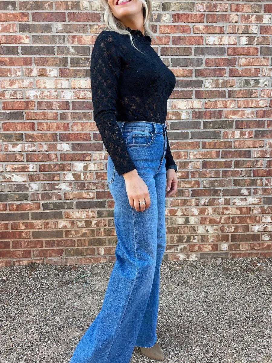 Lacy Leaf Textured Black Bodysuit
