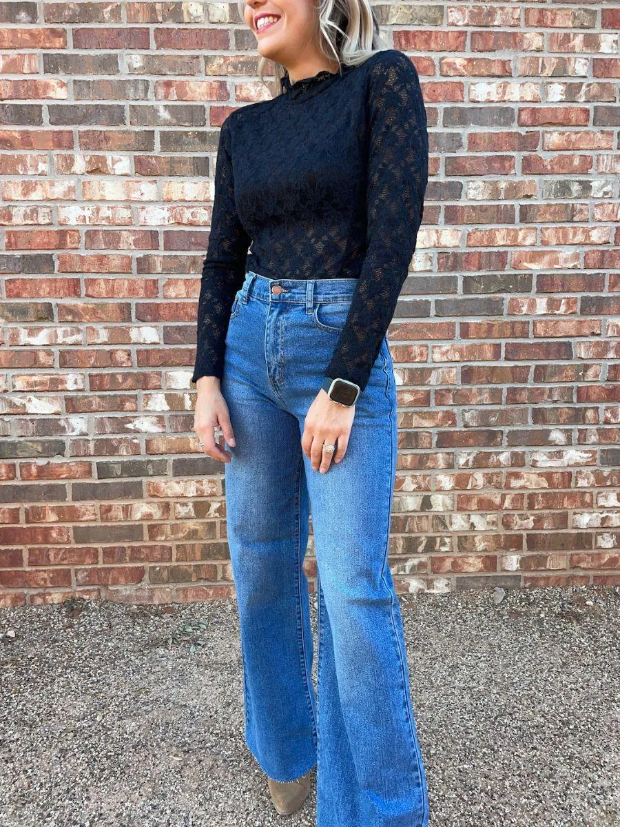 Lacy Leaf Textured Black Bodysuit