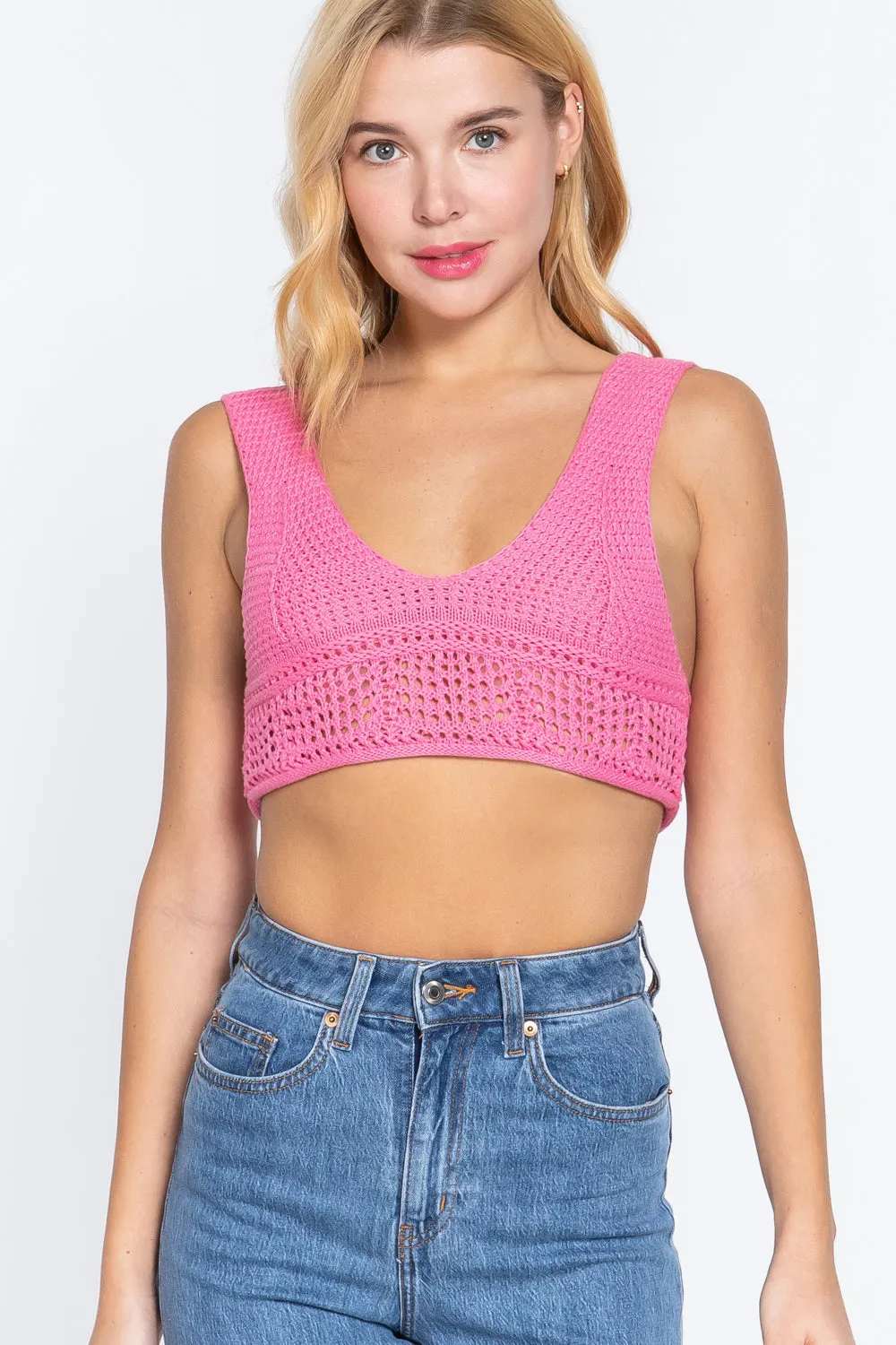Textured Crop Sweater Tank Pink Top