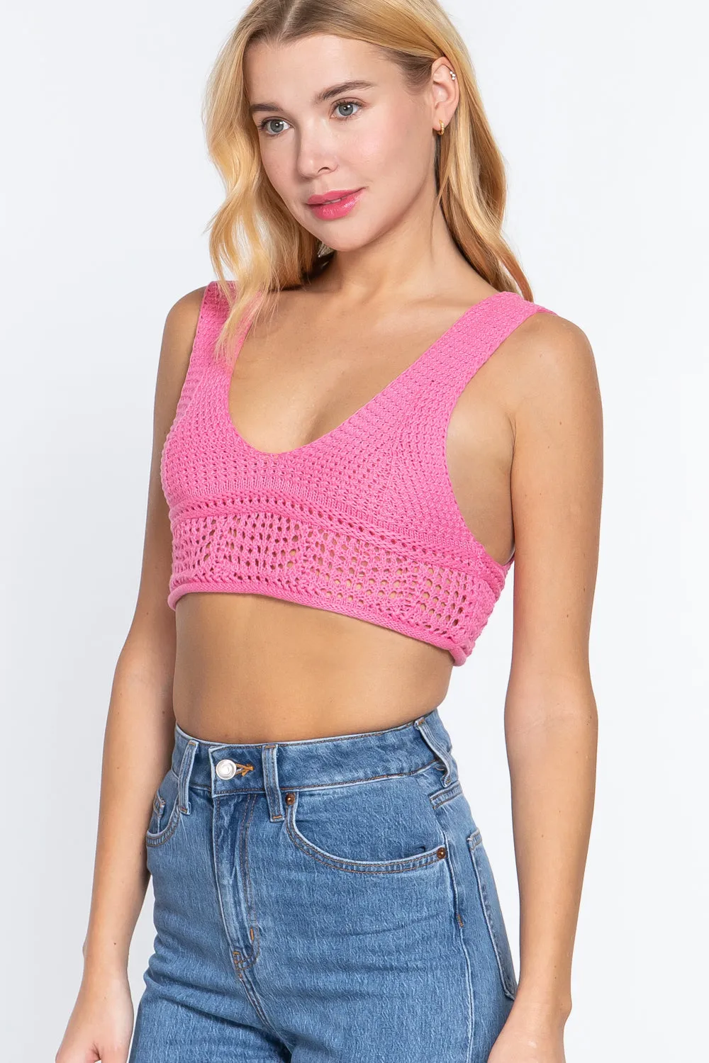 Textured Crop Sweater Tank Pink Top