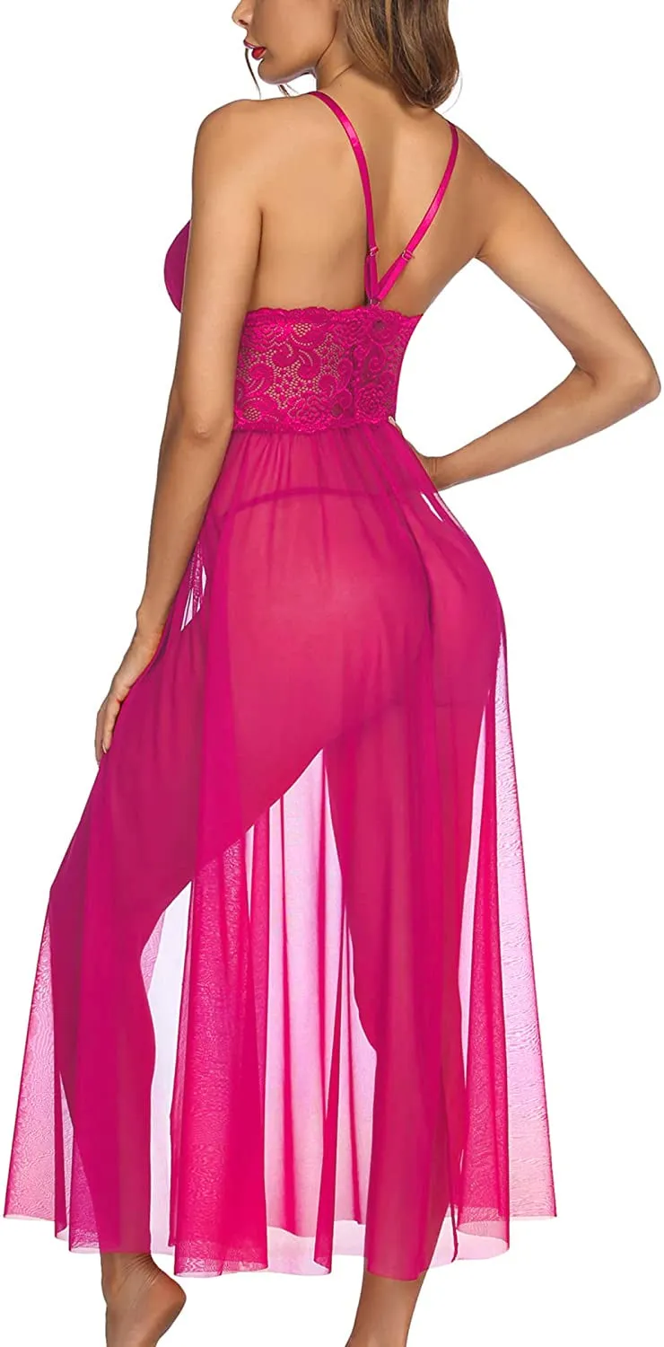 Xs and Os Women's Long Slit Lace Babydoll Lingerie with Lace Panty