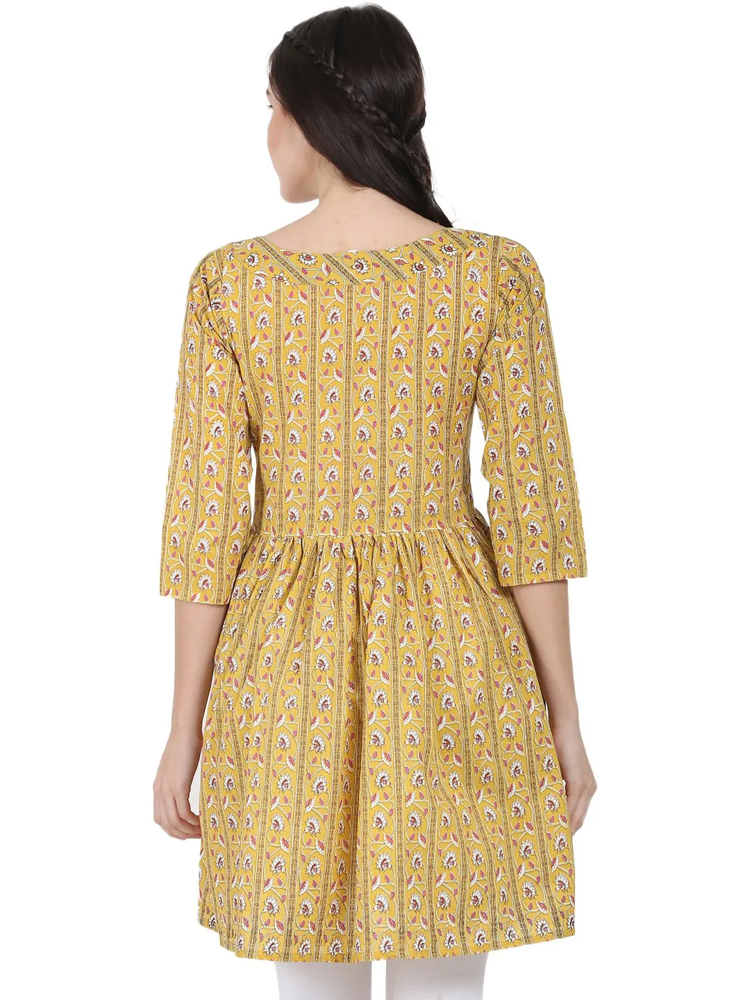 Yellow Printed 3/4Th Sleeve Cotton Cropped Anarkali Kurta