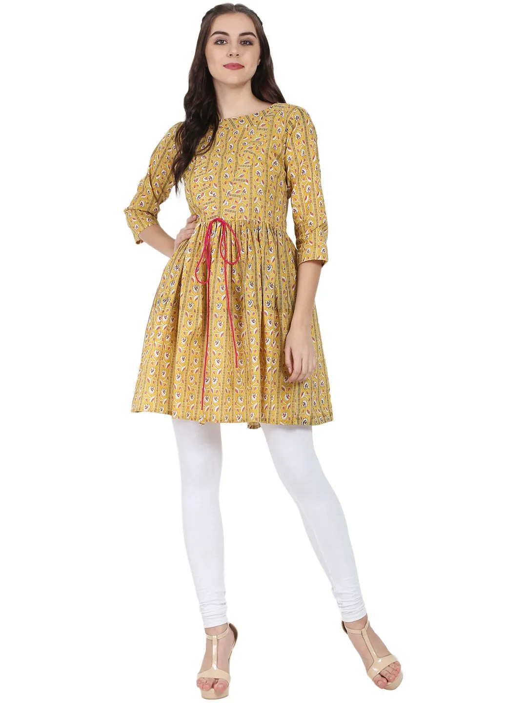 Yellow Printed 3/4Th Sleeve Cotton Cropped Anarkali Kurta