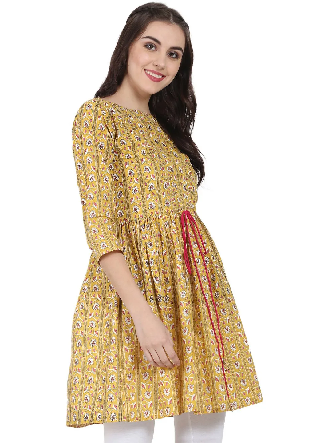 Yellow Printed 3/4Th Sleeve Cotton Cropped Anarkali Kurta