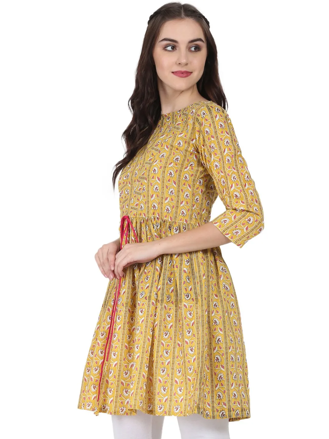 Yellow Printed 3/4Th Sleeve Cotton Cropped Anarkali Kurta
