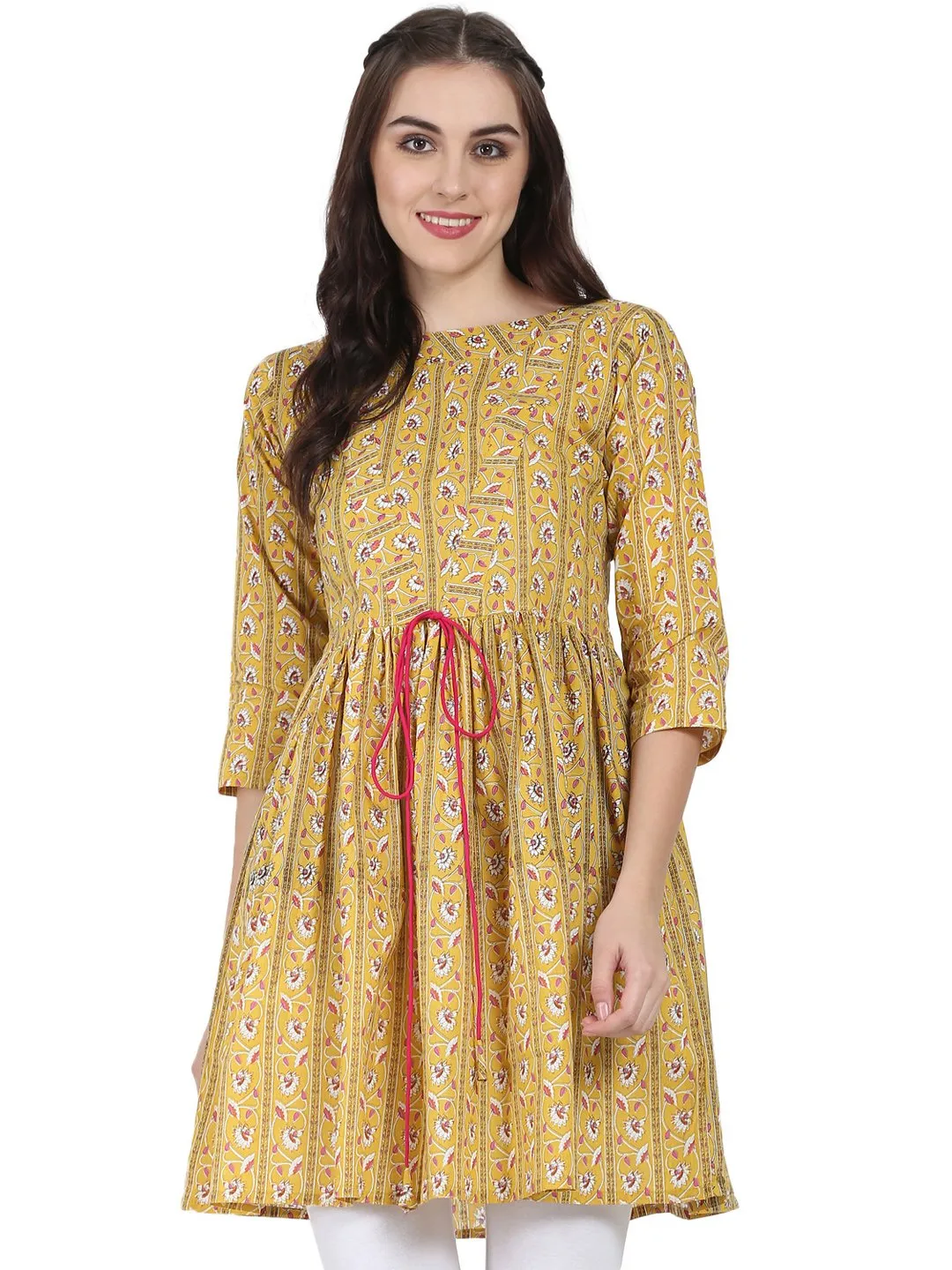 Yellow Printed 3/4Th Sleeve Cotton Cropped Anarkali Kurta
